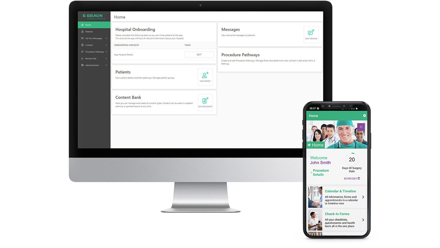 ForPatientApp 画面を備えたデスクトップモニターとモバイルデバイス