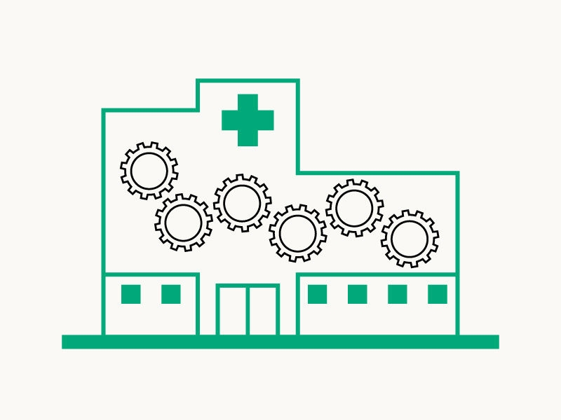 Symbol mit einem CSSD-Gebäude und Rädern nebeneinander dargestellt