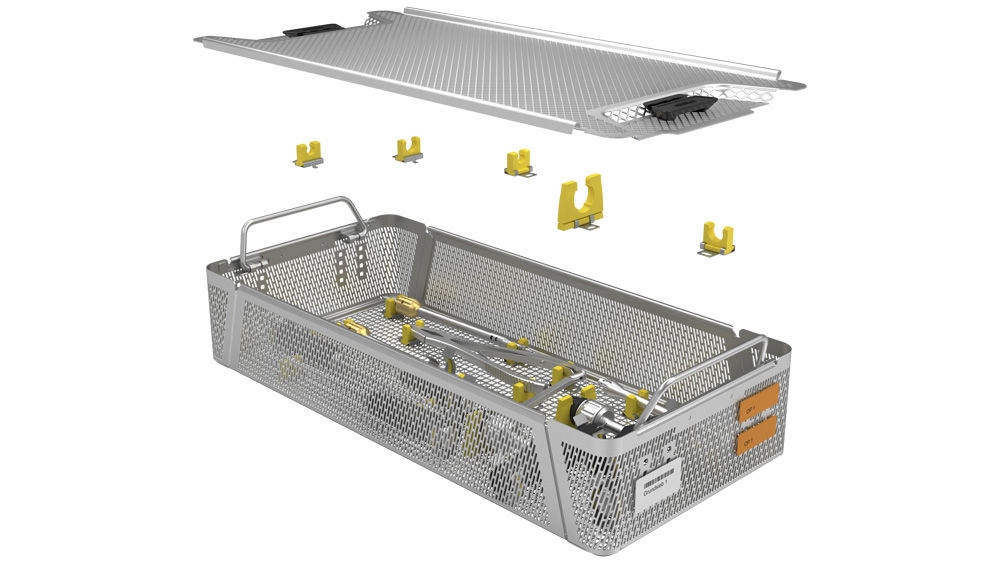 Open metal mesh sterilization container with detached lid, containing yellow plastic clips and surgical instruments; additional clips shown above to demonstrate attachment options for secure medical tool organization.