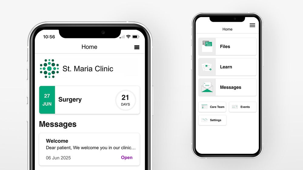 Zwei Smartphone-Bildschirme zeigen die ForPatientApp-Oberfläche mit der Startseite mit medizinischen Updates und einem Menü mit verschiedenen pflegebezogenen Optionen.